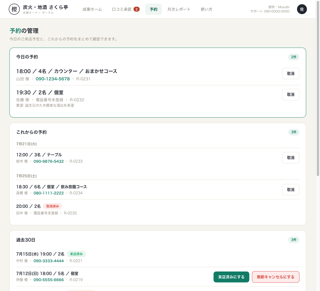 ポータルの予約管理画面。今日の予約が上部に大きく表示される